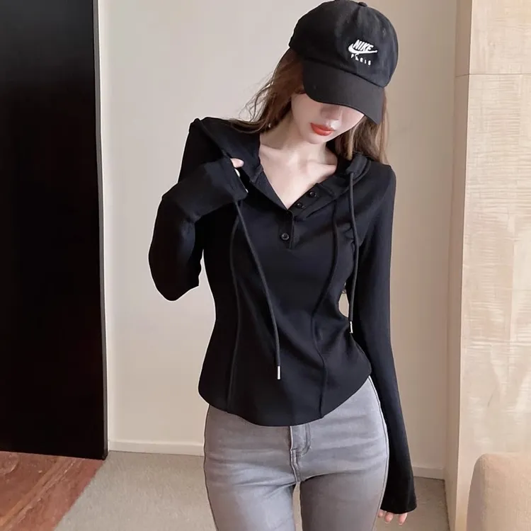 杜拉妮连帽长袖鱼骨t恤女上衣春夏季纯欲修身收腰内搭防晒打底衫