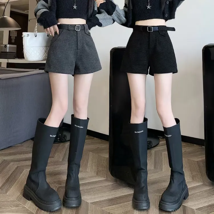 毛呢短裤女2025新款秋冬季高腰时尚加厚外穿a字阔腿休闲靴裤