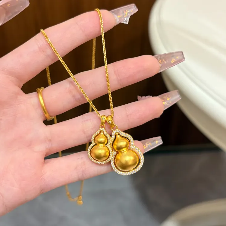 铜合金项链 韦雪同款可旋转双葫芦叠戴吊坠项链毛衣链葫芦吊坠