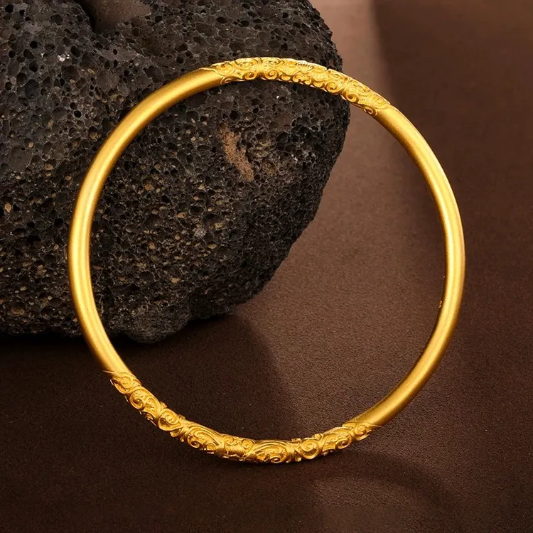 铜合金手镯 新中式新款卷草纹手镯紫荆花素圈实心镯复古宫廷风
