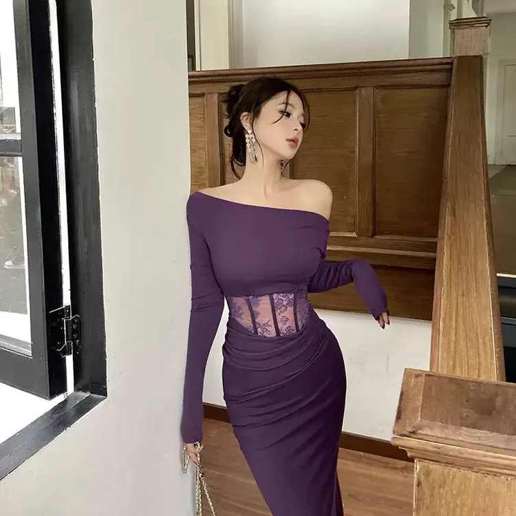 GirlsAt18 紫色鱼骨蕾丝连衣裙女秋冬高级性感鱼尾裙长裙修身裙子