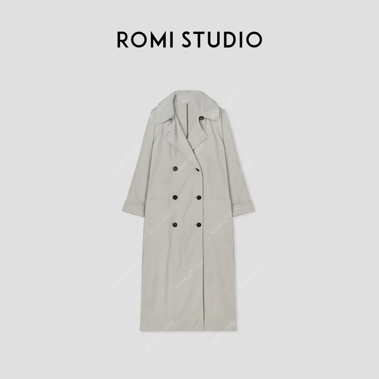 ROMI STUDIO“如此简约”轻量化纸皱感牛角扣宽松风衣外套 24AWW001