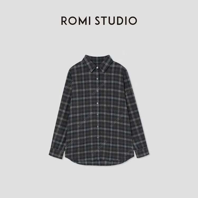 ROMI STUDIO“美式复古”高支棉混纺磨毛翻领格纹衬衣 RW24AS40976