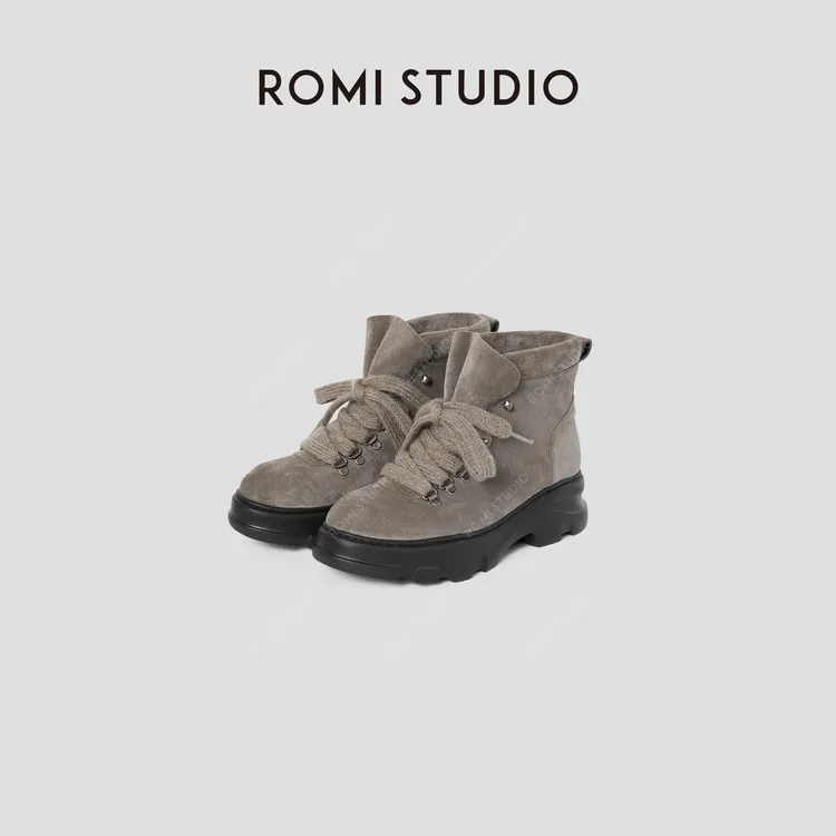 ROMI STUDIO“率性自我”绒面牛皮拼混种羊皮厚底马丁靴RW24WP30708