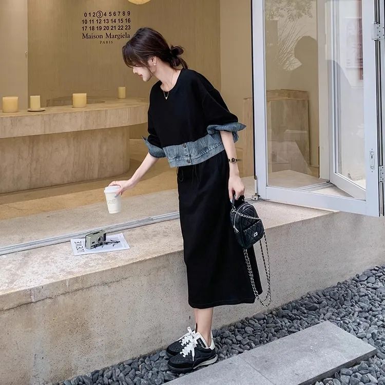 黑色拼接卫衣套装裙女2024秋款韩版宽松时尚休闲显瘦半身裙洋气