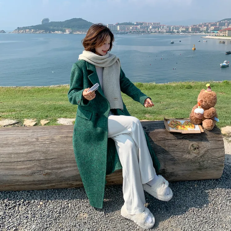 墨绿色高级感双面羊毛呢子大衣女中长款2024冬季新款气质毛呢外套