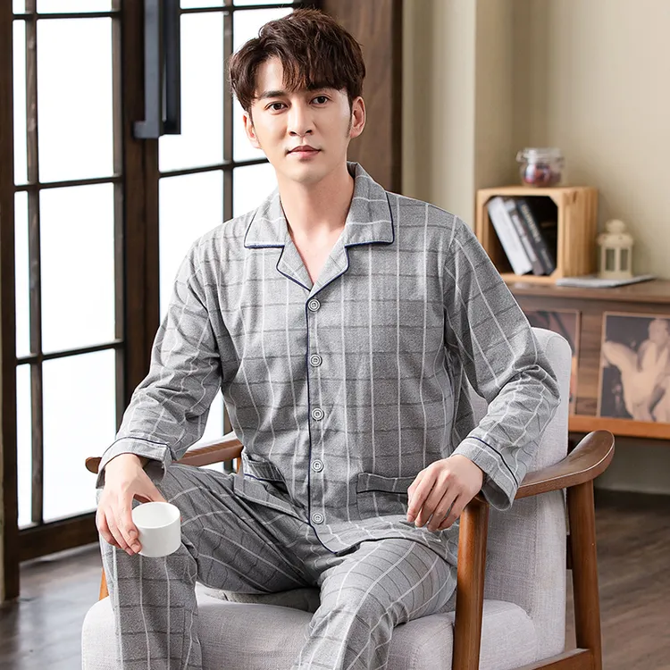 2025年新款睡衣男士春秋季长袖纯棉中老年爸爸全棉大码家居服套装