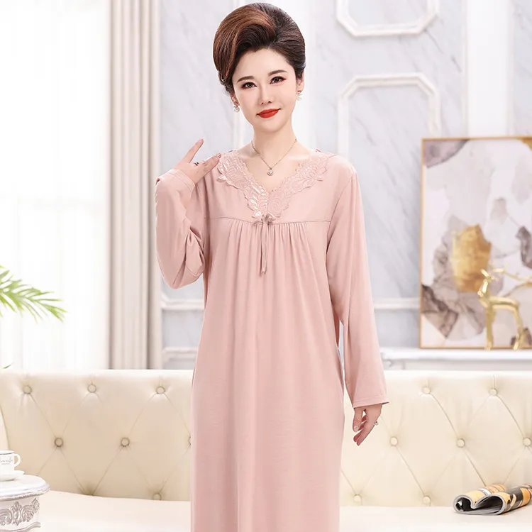 睡裙女秋季莫代尔棉长袖连衣裙宽松大码中老年妈妈睡衣长款家居服