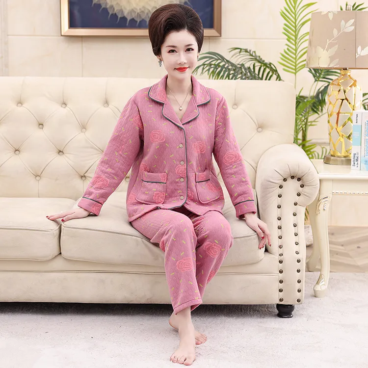 中老年睡衣女士秋冬款纯棉空气棉夹层薄夹棉长袖妈妈家居服加大码