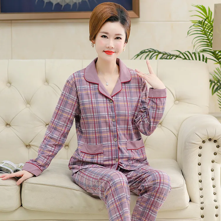 中老年中年人妈妈睡衣女士春秋季纯棉长袖大码家居服2023新款套装