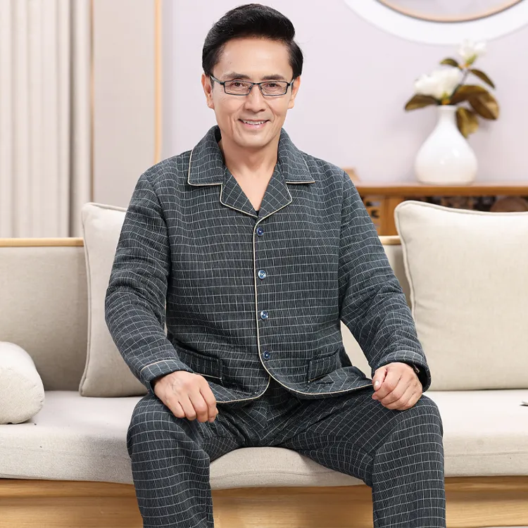 睡衣秋冬季男士纯棉中老年人爸爸厚款夹棉空气棉夹层家居服可外穿