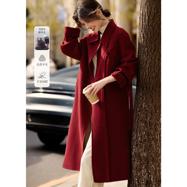 XWI/欣未100%毛翻领系带长款手工双面羊毛大衣2024秋冬新款大衣
