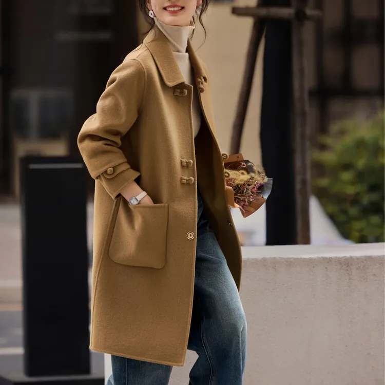 XWI/欣未2024秋冬新款翻领毛呢长外套女新中式国风盘扣双面呢大衣