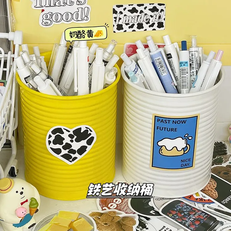 美式复古笔筒创意ins简约学生桌面办公文具化妆刷吸管收纳小铁桶
