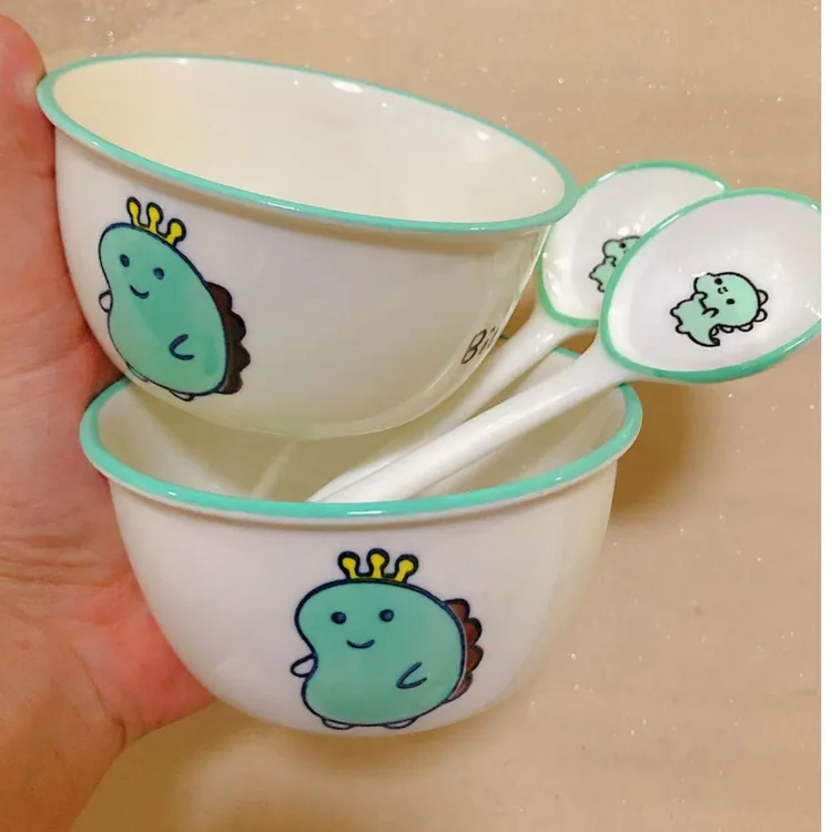 宠粉福利 4.5英寸恐龙吃饭碗2碗2勺4件套家用陶瓷米饭碗釉下彩