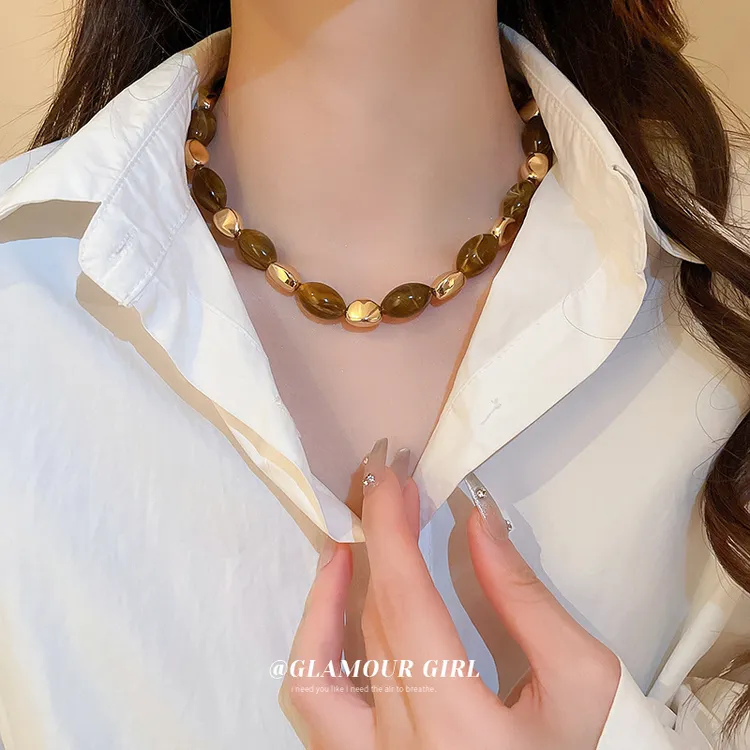 合金树脂项链 美拉德气质树脂椭圆几何项链女小众高级感毛衣链479