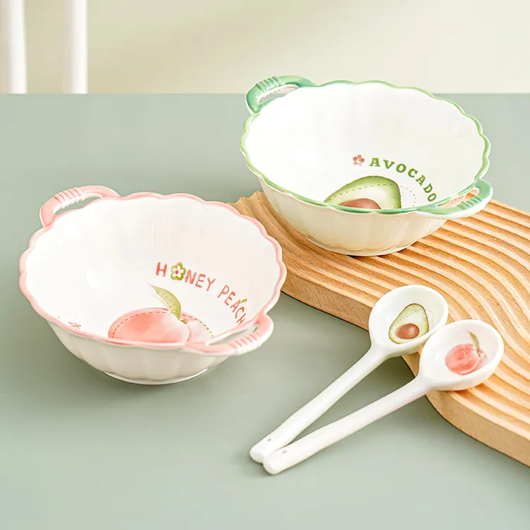 水果双耳汤碗2023网红家用陶瓷大汤碗沙拉碗瓷碗泡面碗一人用汤碗
