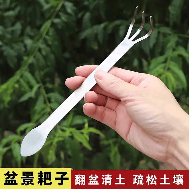 不锈钢两用镊子耙子盆景撬土压土刀盆栽多肉植物松柏摘芽