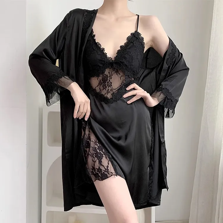 2023年新款春秋睡衣情调透视镂空蕾丝带胸垫吊带睡裙睡袍夏季