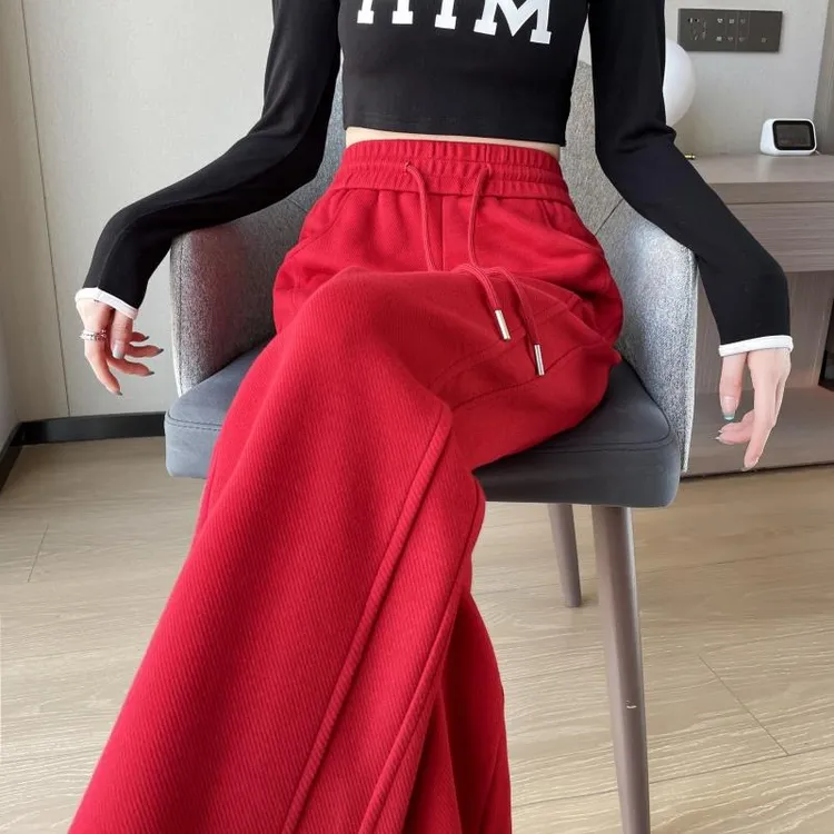 窄版红色阔腿裤女宽松直筒秋冬新款垂坠感高腰显瘦百搭休闲直筒裤