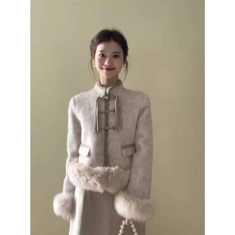 2024新中式夹棉杏色小香风毛袖上衣半裙套装裙爆款富家千金感套装