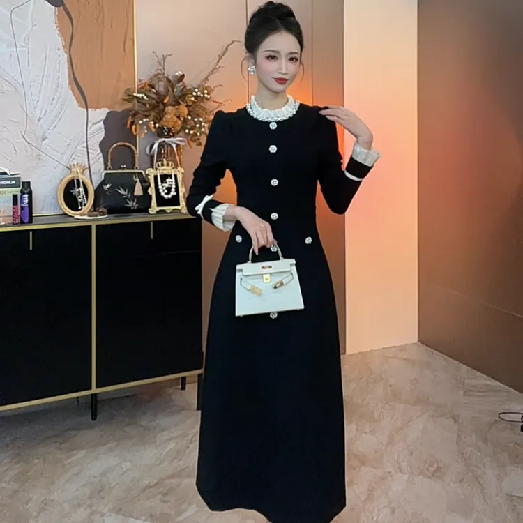 【玛德琳千金】赫本风秋冬连衣裙气质显瘦黑色裙子时尚名媛修身长裙