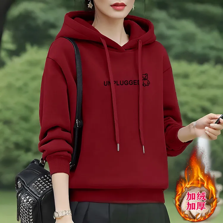 酒红色加绒卫衣女小个子秋冬装宽松短款中年妈妈冬季连帽加厚外套