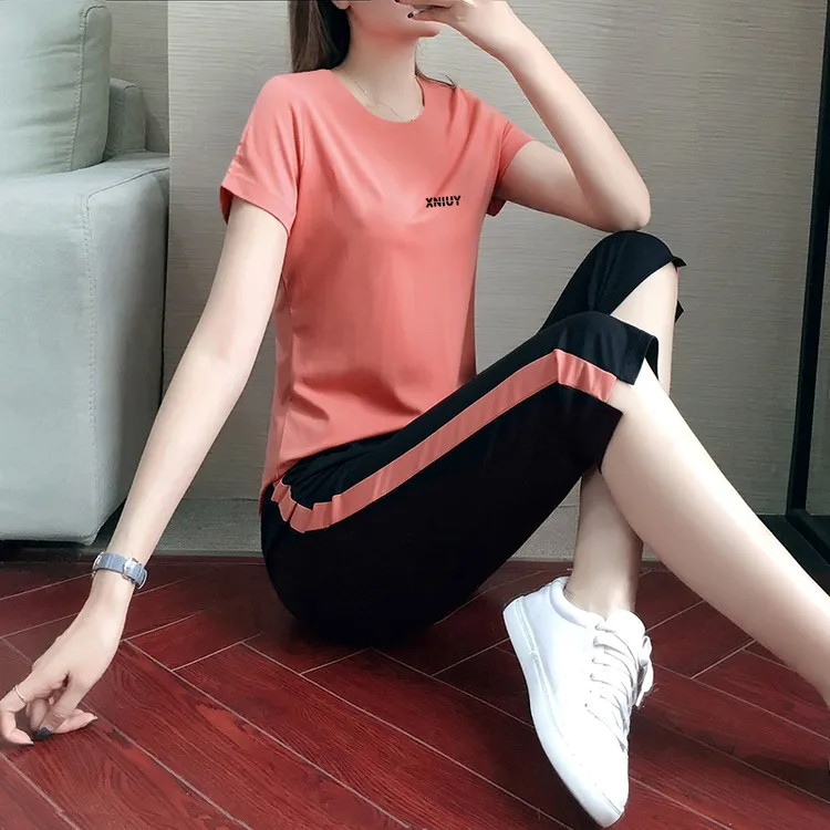 休闲运动套装女士夏季宽松时尚薄款短袖冰丝七分裤跑步妈妈两件套