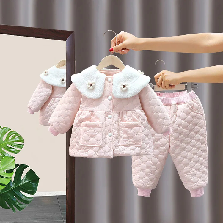 女童加绒加棉加厚保暖套装冬季洋气小女孩毛领花朵冬款棉服两件套