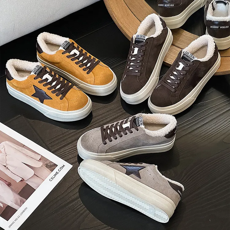 【妗笙买手店】女士冬季加绒松糕厚底休闲板鞋牛皮拼羊羔毛舒适百搭