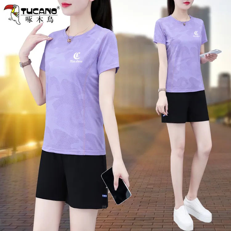 啄木鸟冰感运动套装女夏季2025新款夏天短袖短裤休闲跑步服两件套