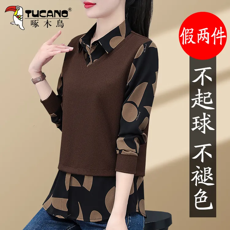 啄木鸟休闲polo领卫衣女春秋新款2025春季时尚洋气假两件衬衫上衣