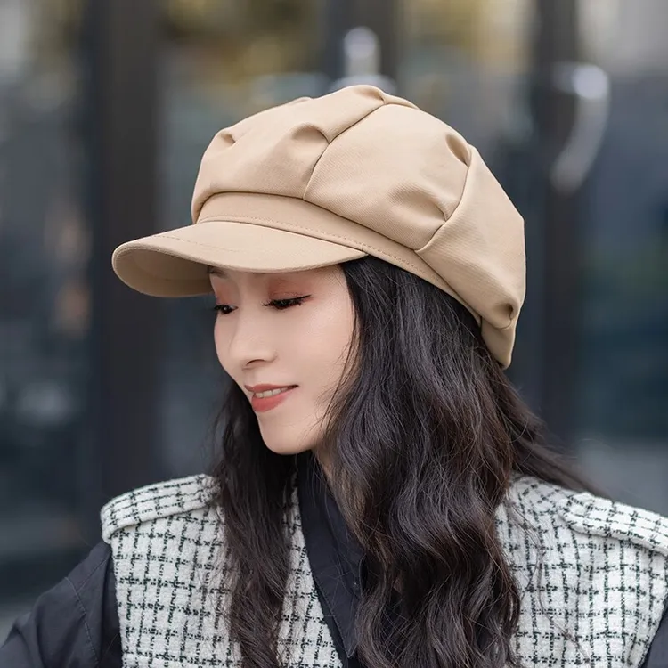 帽子女大头围显脸小褶皱八角帽短檐云朵帽贝雷帽潮 卡其