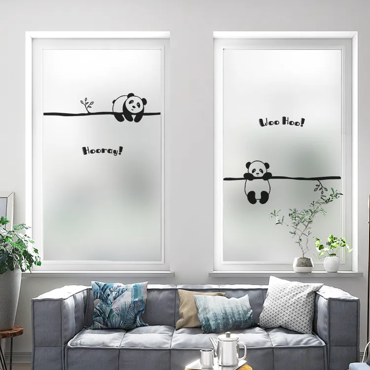 简约黑白熊猫玻璃贴纸儿童房浴室装饰静电移门窗户磨砂贴膜半透明
