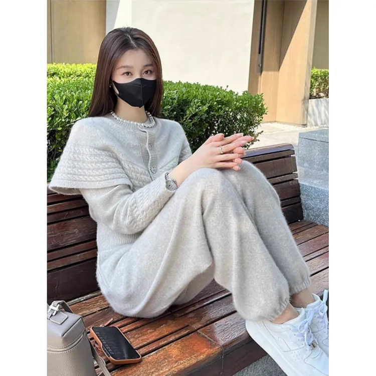 灰色小香风套装裤时尚气质今年流行修身小洋装针织毛衣秋冬两件套