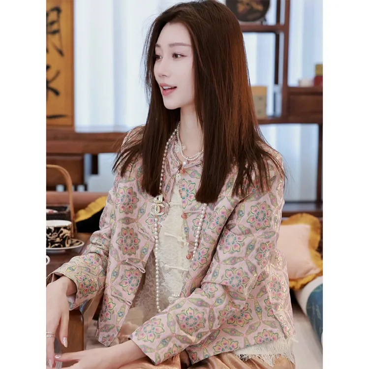 粉色薄款上衣女外套2024年秋冬款修身新中式轻熟风洋气时髦高级感