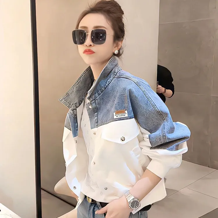 拼接外套女宽松2025春秋上衣女显瘦夹克百搭外套拼色绣花春季女款