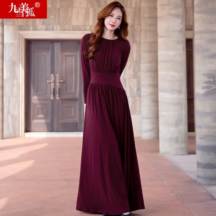 九美雪狐新款女装秋季欧美高级感拖地到脚踝气质超长款长裙连衣裙