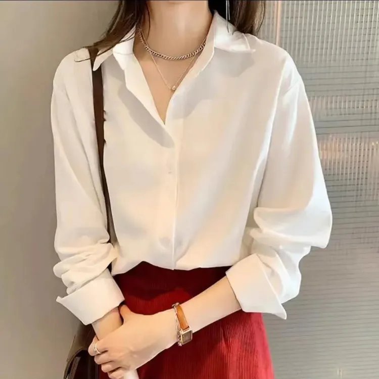 2025早秋新款缎面长袖女士女款白衬衫通勤衬衫女2025新款爆款洋气