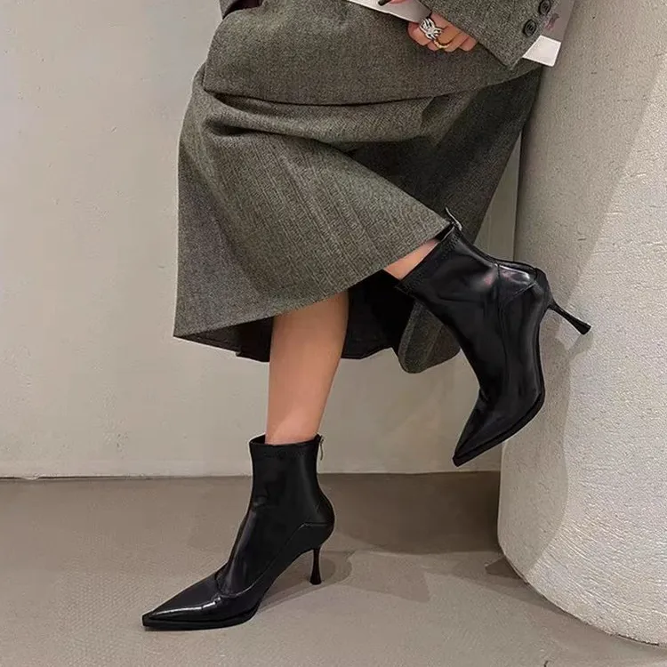 2025秋冬细高跟瘦瘦靴尖头气质软皮韩版法式显瘦时尚时髦百搭短靴