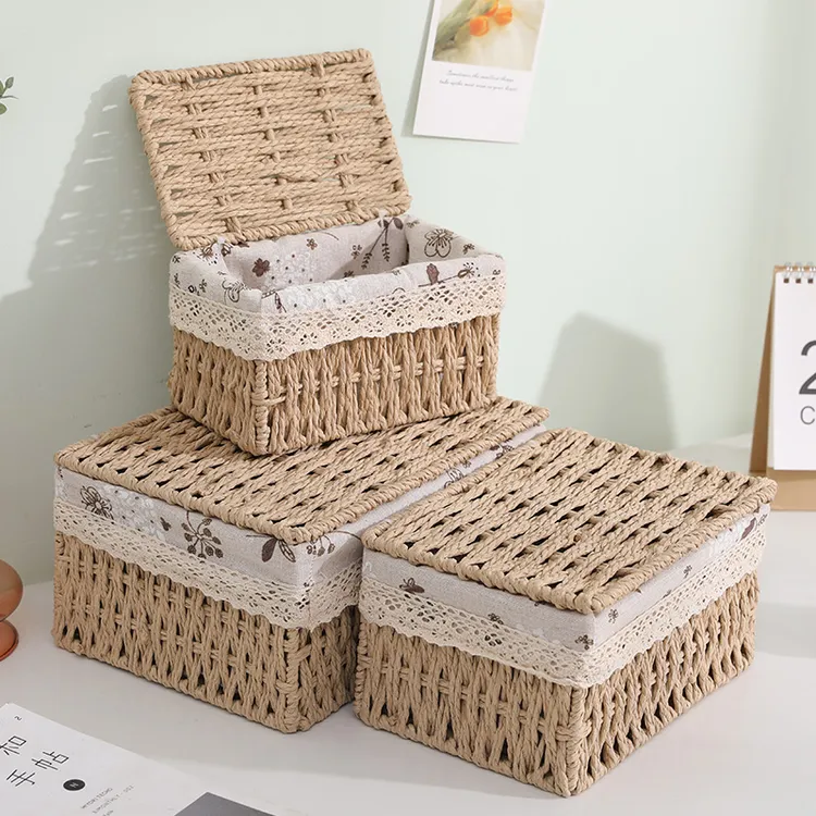 收纳盒桌面化妆品杂物钥匙零食带盖客厅防尘宿舍茶几藤编织收纳筐