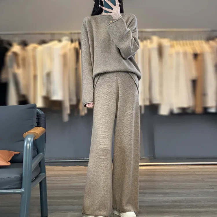 100%纯澳毛针织套装女秋冬加厚云朵毛衣宽松阔腿裤慵懒羊毛两件套