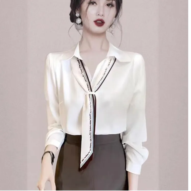 早秋新款女装白色衬衫设计感小众醋酸缎面职业通勤飘带上衣春秋