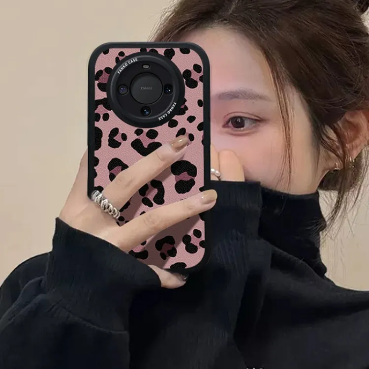 ins粉色豹纹适用华为mate60pro手机壳新款小羊皮mate40pro全包防
