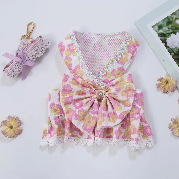 【萌神优品】粉色花边高端私人订制宠物胸背带+2米牵引绳。