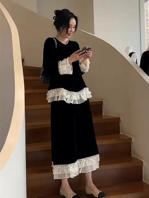 大码轻奢重工套装丝绒长袖2025新款半身裙时尚显瘦拼接上衣两件套