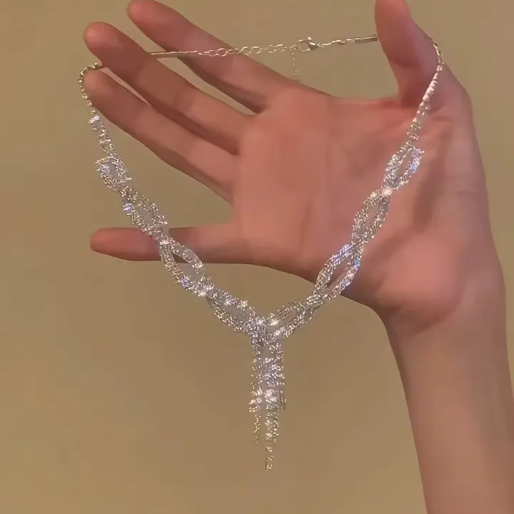 铜合金合成锆石项链 高级感满钻交错流苏项链女轻奢小众设计气质