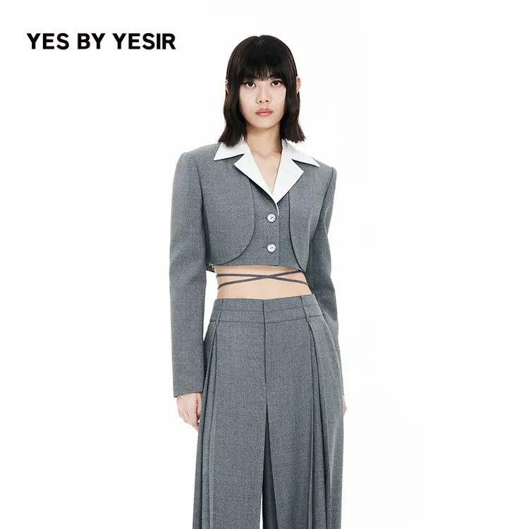 YES BY YESIR叶谦设计师品牌知识分子灰交叉拼色短西装
