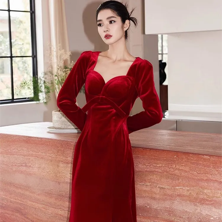 YES BY YESIR设计师品牌红珊瑚丝绒蝴蝶结轻礼服鱼尾裙YDFLQ17019
