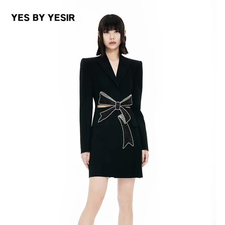 YES BY YESIR何洁同款叶谦原创设计师重工蝴蝶结马甲修身连衣裙
